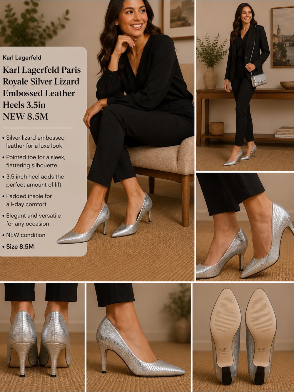 Karl Lagerfeld Paris Royale Silver Lizard Embossed Leather Heels 3.5in NEW 8.5M